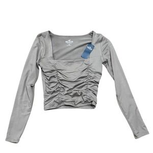 NWT Hollister Grey Ruched Square Neck Long Sleeve Cropped Top Women's Size S